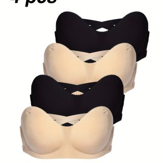 4pcs Women's Strapless Bandeau Bras - Ultra-Thin Seamless Invisible No Underwire Comfort Fit Solid Color Black & Nude for Everyday & Special Occasions