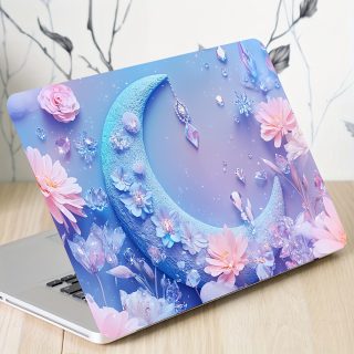 2pcs Aesthetic Vinyl Laptop Cases with Floral & Crescent Moon Design - Scratch-Resistant DIY Art Protective Covers, Easy to Apply & Durable, Non-Adhesive, Universal Fit for Notebooks, Laptop Customization | Whimsical Design | Durable Vinyl Material