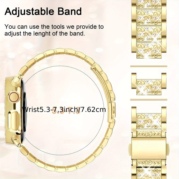 Shiny strap for, shiny case, compatible with iWatch strap 38/40/41/42/44/45/46/49mm elegant and fashionable rhinestone replacet metal chain wristband protective cover, suitable for series 10/9/8/7/6/5/4/3/2/1SE Golden - Image 2