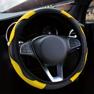 PU Leather Steering Wheel Cover with Cell Phone Holder - Comfortable, No Inner Ring, Fits 36.83-38.1 cm Wheels, Black with Yellow Accents, Enhances Driving Experience