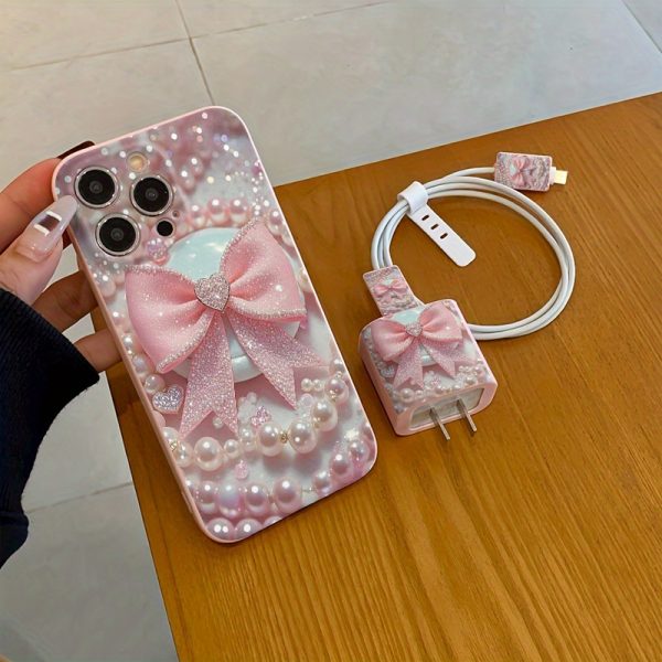 5pcs Set of Eye-Catching Pink and Golden Butterfly Pattern Phone Case + Charger Head Cover + Cable Protector + Storage Strap TPU Anti-Drop Protective Case for iPhone 6/7/8/X/Xs/XR/XS Max/11/12/13/14/15/16 Pro Max - Image 6
