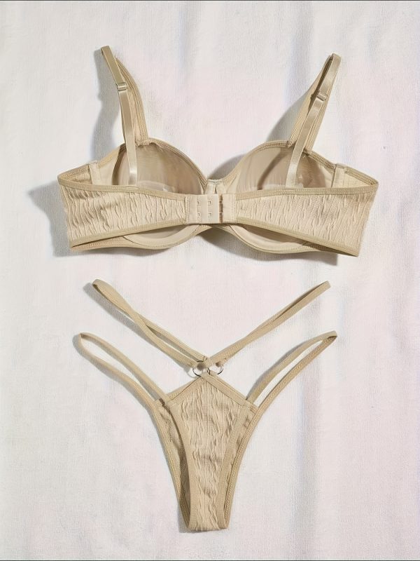 Women'S Comfortable, Lightweight, Solid Beige Bra Set with Rhinestone Accents - No Padding, Perfect for Everyday Wear, Everyday Bra Set|Minimalist Bra Design|Comfortable Bra