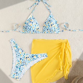 Women's Fresh Floral Mesh Bikini Three-Piece Set