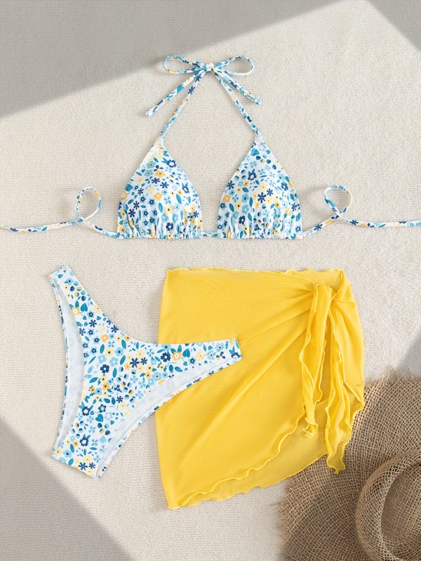 Women's Fresh Floral Mesh Bikini Three-Piece Set