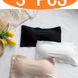 3pcs set of Women's strapless ice fiber sports bra with high support, breathable and seamless design, detachable lining - lightweight beige/black/white, no rolled edges