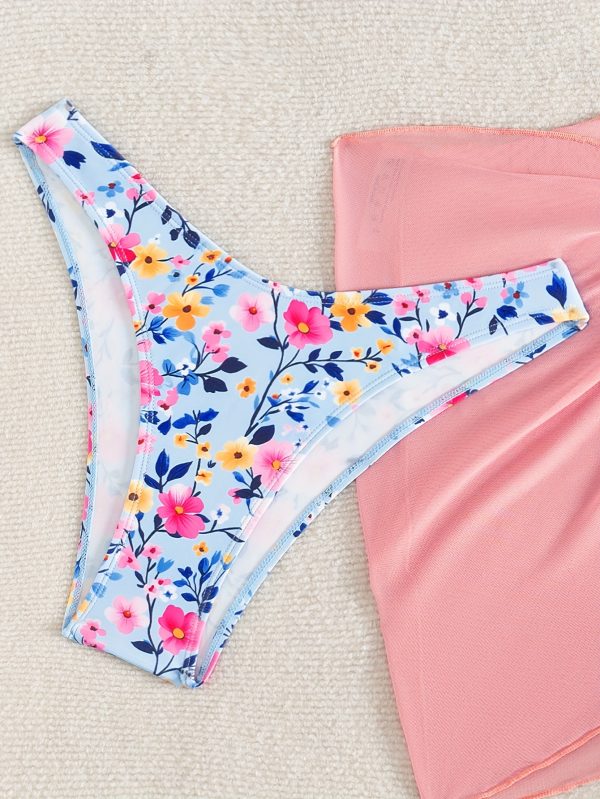 Women'S Fresh Floral Mesh Bikini Three-Piece Set - Sexy Lace-Up Halter Neck, Backless, and Bottoms with High Stretch Fabric, Perfect for Casual Beach Wear, Beach Attire|Floral Print|Stretchy Fabric - Image 4