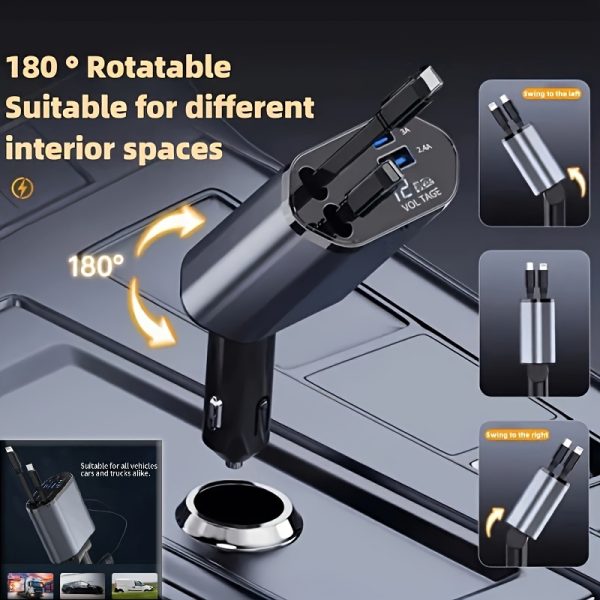 4-in-1 Fast Car Charger, with Retractable 66W Max66W, Adjustable 180° Plug, Includes 79.25cm Extendable Cable, USB & Type-C Ports, PD & QC3.0, Compatible with iPhone 16/15/14/13/12/11 & Android Devices, Ideal for Car Cup Holder, Quick Charge Car Charger by SAN.COMO - Image 6
