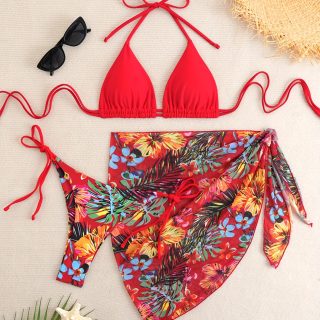 3pcs Floral Print Bikini Set, Polyester High Stretch Lace Up Three-piece Swimsuit for Women