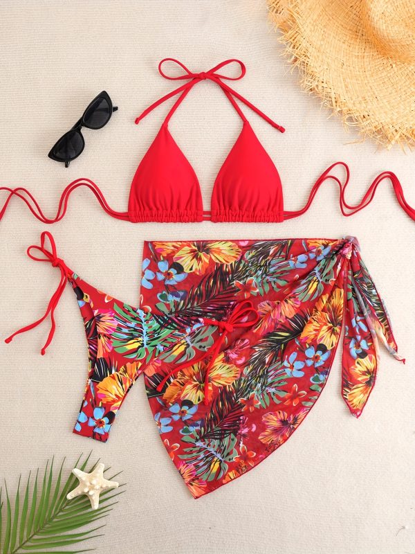 3pcs Floral Print Bikini Set, Polyester High Stretch Lace Up Three-piece Swimsuit for Women