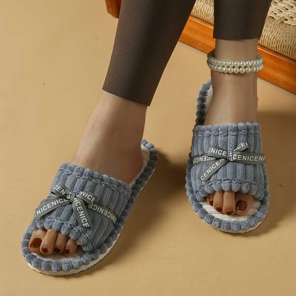 Women's All-Season Open-Toe Slip-On Slippers with Bow Detail - Soft Corduroy Fabric, Cushioned EVA Sole & Silent Non-Slip Indoor House Shoes for Home, Wedding Guest Comfort, Ladies Slippers, Scalloped Edge Design - Image 6