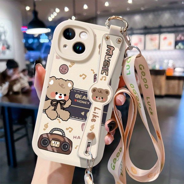 Vintage Bear Compatible with Apple 15 Mobile Phone Case, 14Pro Max with Lanyard, New Style for Women 13, Can Be Carried Crossbody Xr Wristband, 12 Holder Xs Cute 6s Anti-Fall IP7 Creative 8 Plus Niche Protective Cover