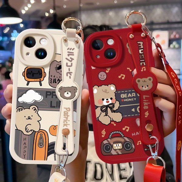 Vintage Bear Compatible with Apple 15 Mobile Phone Case, 14Pro Max with Lanyard, New Style for Women 13, Can Be Carried Crossbody Xr Wristband, 12 Holder Xs Cute 6s Anti-Fall IP7 Creative 8 Plus Niche Protective Cover - Image 2