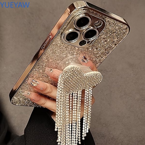 for 15promax Apple iPhone14 high-end niche 13 luxury rhinestone love tassel holder 12 Silvery plated sequin 14promax/15promax/16promax/13promax/11/12promax/13/14/14pro/15pro/15plus cases - Image 2