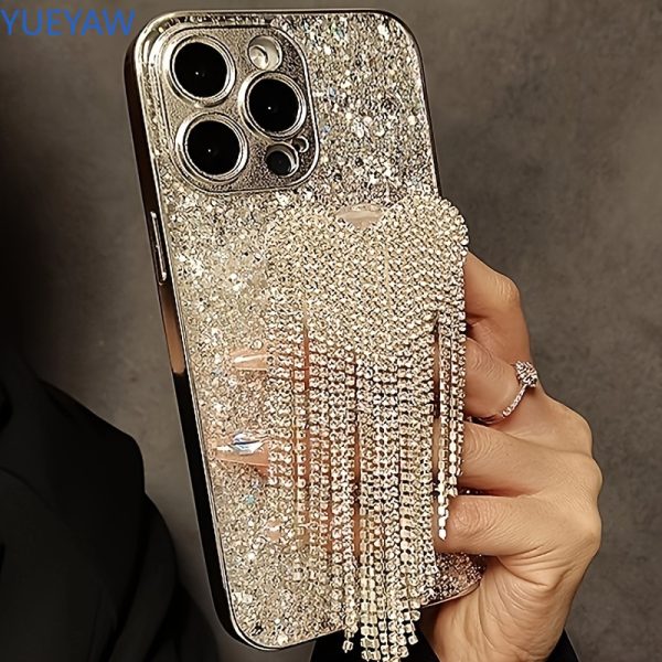 for 15promax Apple iPhone14 high-end niche 13 luxury rhinestone love tassel holder 12 Silvery plated sequin 14promax/15promax/16promax/13promax/11/12promax/13/14/14pro/15pro/15plus cases - Image 4