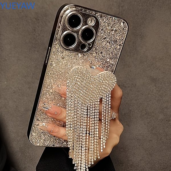 for 15promax Apple iPhone14 high-end niche 13 luxury rhinestone love tassel holder 12 Silvery plated sequin 14promax/15promax/16promax/13promax/11/12promax/13/14/14pro/15pro/15plus cases