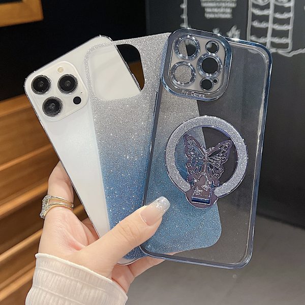 Fashion Girl Glitter Transparent Magnetic Case For IPhone 16 15 11 12 13 14 Pro Max Plus Wireless Charging Phone Butterfly Holder Stand Cover - Image 3