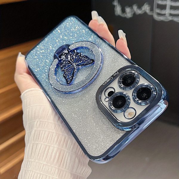Fashion Girl Glitter Transparent Magnetic Case For IPhone 16 15 11 12 13 14 Pro Max Plus Wireless Charging Phone Butterfly Holder Stand Cover - Image 13