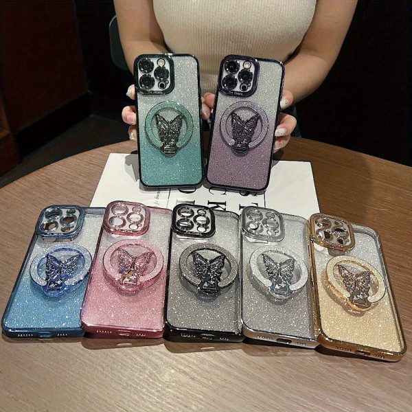 Fashion Girl Glitter Transparent Magnetic Case For IPhone 16 15 11 12 13 14 Pro Max Plus Wireless Charging Phone Butterfly Holder Stand Cover - Image 17