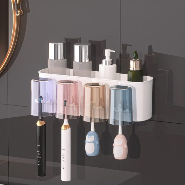 Space-Saving Multi-Cup Wall-Mounted Toothbrush & Mouthwash Holder - Durable Plastic Bathroom Organizer with Ample Storage - Image 10