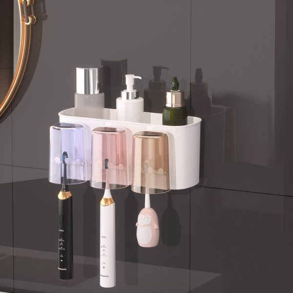 Space-Saving Multi-Cup Wall-Mounted Toothbrush & Mouthwash Holder - Durable Plastic Bathroom Organizer with Ample Storage - Image 9