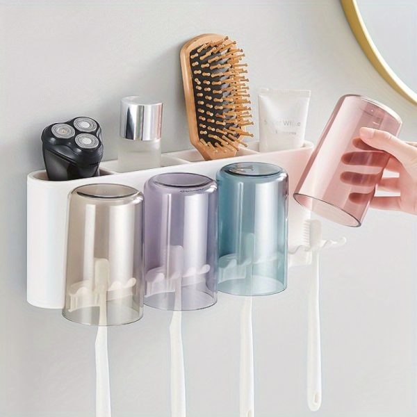 Space-Saving Multi-Cup Wall-Mounted Toothbrush & Mouthwash Holder - Durable Plastic Bathroom Organizer with Ample Storage - Image 5