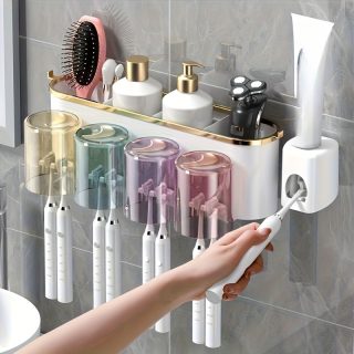 Space-Saving Multi-Cup Wall-Mounted Toothbrush & Mouthwash Holder - Durable Plastic Bathroom Organizer with Ample Storage