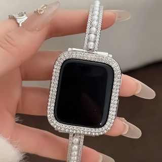 1pc Elegant Double-Row Diamond & Pearl for apple Watch Band - Luxurious Alloy Strap for Women, Compatible with 38mm to 49mm for apple Watches, Fashionable Smart Wristband (Excluding Watch), for Apple Watch Accessories | Diamond Accented Watchband | Durable Watchband, for Apple Watch Bands