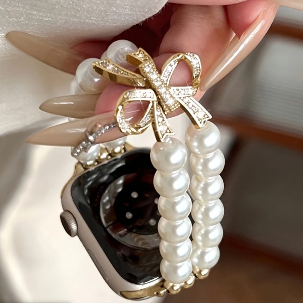 1 pearl bow Apple Watch Women's strap, compatible with Apple Watch 38/40/41/42/45/46/49mm, compatible with Apple Watch Series Ultra/SE/10/9/8/7/6/5/4/3/2/1 business sports metal strap color matching very fashionable high-end smart wristband (excluding watch) 6 pearls (wrist size about 15cm) - Image 8