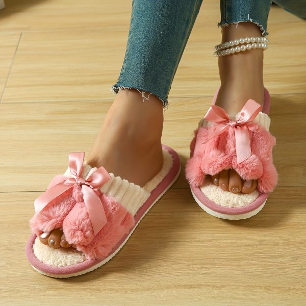 1 Pair Women'S Elegant Bowknot Plush Slippers - Soft Flannel Upper & Lightweight Cushioned Sole, Non-Slip Winter House Shoes with Contrast Color Design, All-Season Cozy Indoor/Outdoor Comfort, Perfect Gift for Home & Casual Wear, Winter Footwear, Bowknot Design, Soft Fabric Insole - Image 8