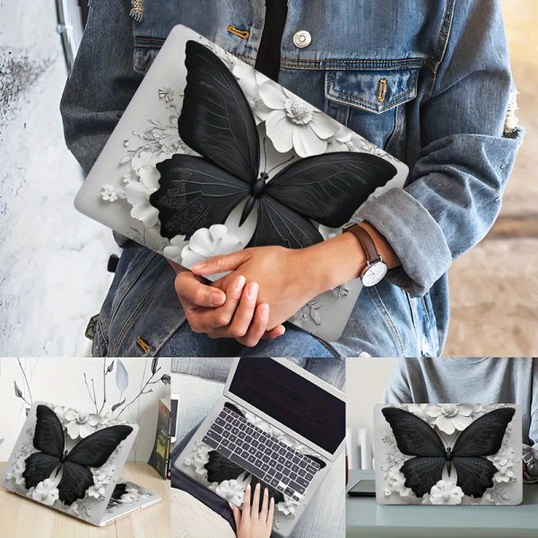 3pcs, 1pc spare, no need to worry about peeling off, black and white butterfly with flower combination pattern - computer protective cover, scratch-resistant, self-adhesive durable, easy installation and removal, universal, non-reusable sticker for notebook computers, stylish design - Image 4