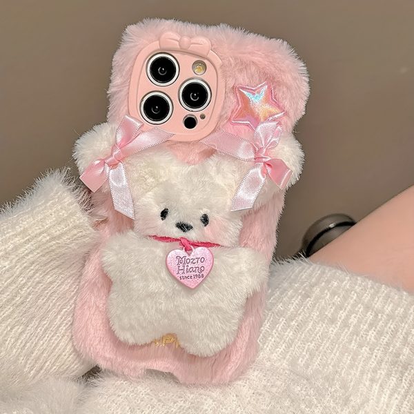 Three-Dimensional Bow Dog Plush Mobile Phone Case with Bracelet for Iphone 16 Pro Max Autumn And Winter New Plush - Image 5