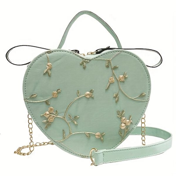 1pc Women's Floral Heart Crossbody Bag - Round Shoulder Bag with Golden-Tone Zipper Closure, Detachable Strap & Chain Link, Green & Beige Embroidery Design for Casual & Special Occasions - Perfect Gift for Mother's Day, Valentine's, Christmas, Heart Shaped Purse, Charming Accessory - Image 4