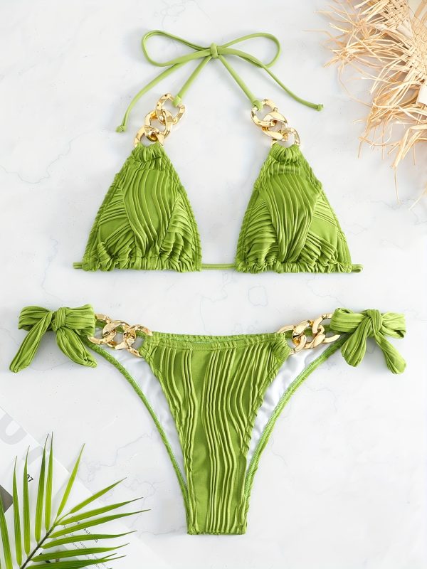 Stripes Ruched Texture Golden Chain Ring Link Halter 2 Piece Set Bikini, Bow Tie Side Triangle Halter Tie Neck Stretchy Swimsuit For Beach Pool Bathing, Women's Swimwear & Clothing - Image 4