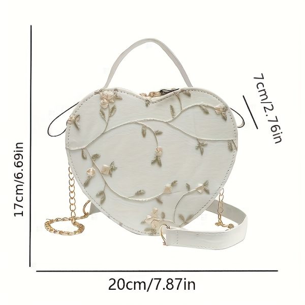 1pc Women's Floral Heart Crossbody Bag - Round Shoulder Bag with Golden-Tone Zipper Closure, Detachable Strap & Chain Link, Green & Beige Embroidery Design for Casual & Special Occasions - Perfect Gift for Mother's Day, Valentine's, Christmas, Heart Shaped Purse, Charming Accessory - Image 5