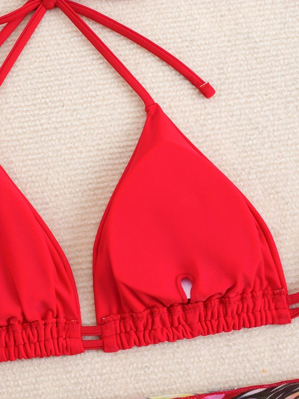 3pcs Floral Print Bikini Set, Polyester High Stretch Lace Up Three-piece Swimsuit for Women - Image 5