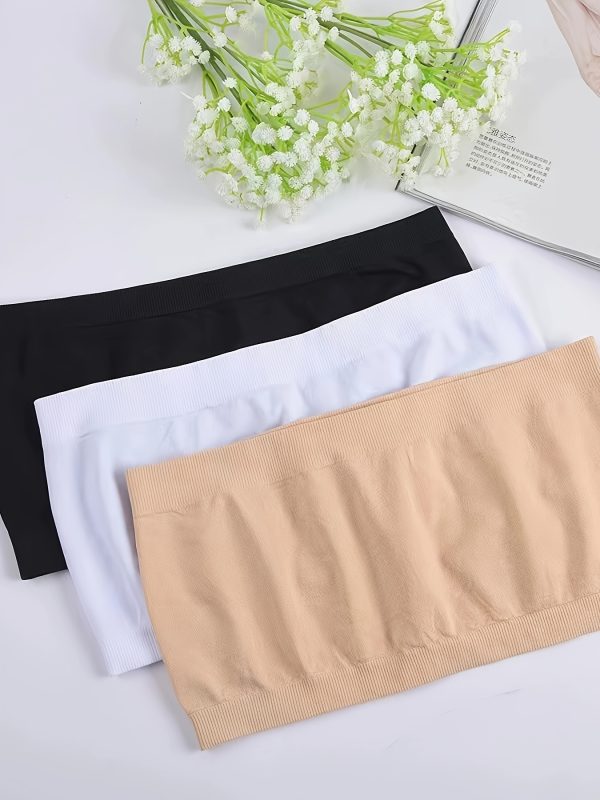 3pcs Women's Elegant Strapless Tube Tops - Smooth Polyester-Spandex Blend, No Underwire, Lightweight Stretchy Fabric for Everyday, Work & Party Wear - Black, White, Beige