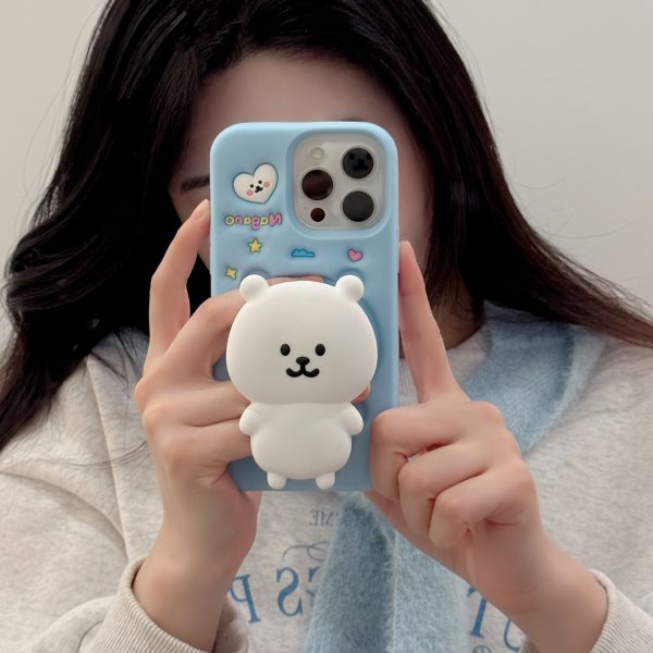 Cute Bear Stand Phone Case for iPhone 13/14/15/16 Pro/Max | Anti-Drop Silicone Soft Cover - Light Blue, Adorable & Stylish Protective Case - Image 3
