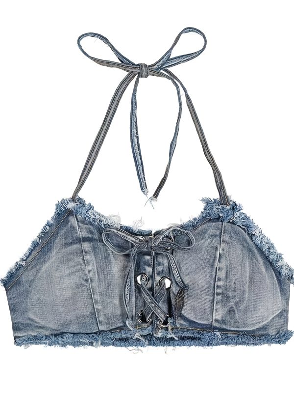 Women'S Denim Bikini Top, Sexy Retro Low-Cut Bathing Suit, 95% 5% Spandex, Sleeveless, Button Detail, Woven Fabric, All Season Beachwear - Image 2