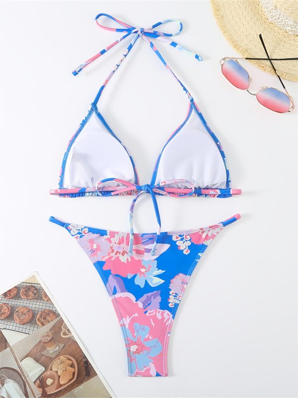 Women'S Floral Print Bikini with Adjustable Straps & Tie-Back Detail - High-Stretch Tummy Control Swimsuit for Beach, Pool, Vacation - Teal Blue, Pink Flowers, Green Leaves, Poolside Attire, Tummycontrol Swimwear, Beachwear Essentials, Highstretch Fabric - Image 8
