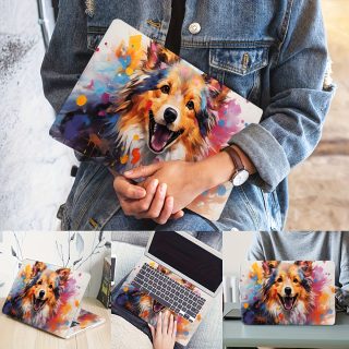 2pcs Oil Painting Puppy Laptop Stickers - Vinyl Self-Adhesive Removable Decals for 33.02-38.1 cm Laptops, No Residue Cute Dog Design for Plastic/Metal Surfaces, Disposable Pet Lover Accessories, Laptop Decoration | Playful Dog Motif | Noresidue Adhesive, Laptop Accessories