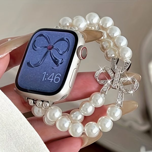 1 pearl bow Apple Watch Women's strap, compatible with Apple Watch 38/40/41/42/45/46/49mm, compatible with Apple Watch Series Ultra/SE/10/9/8/7/6/5/4/3/2/1 business sports metal strap color matching very fashionable high-end smart wristband (excluding watch) 6 pearls (wrist size about 15cm) - Image 2