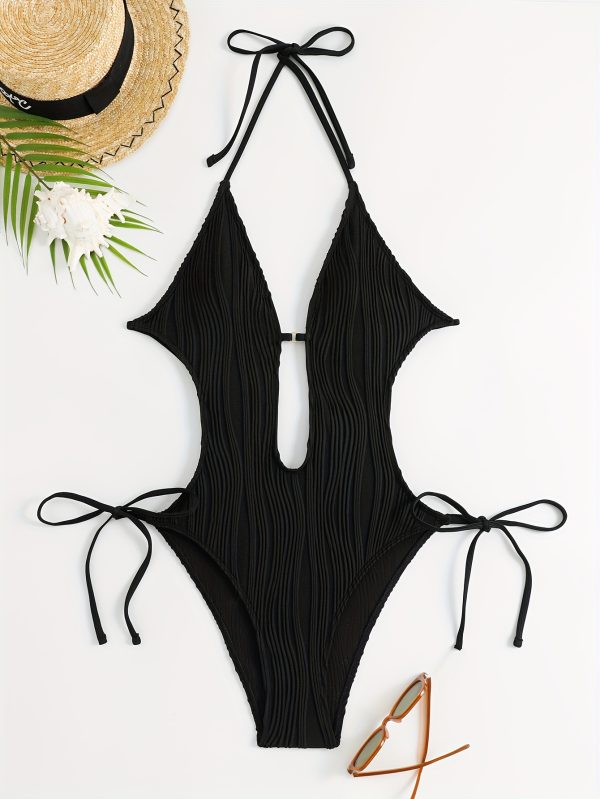 Chic Backless Halter One-Piece Swimsuit for Women - Sexy, High Stretch, Solid Color with Tie Detail, Machine Washable - Image 2