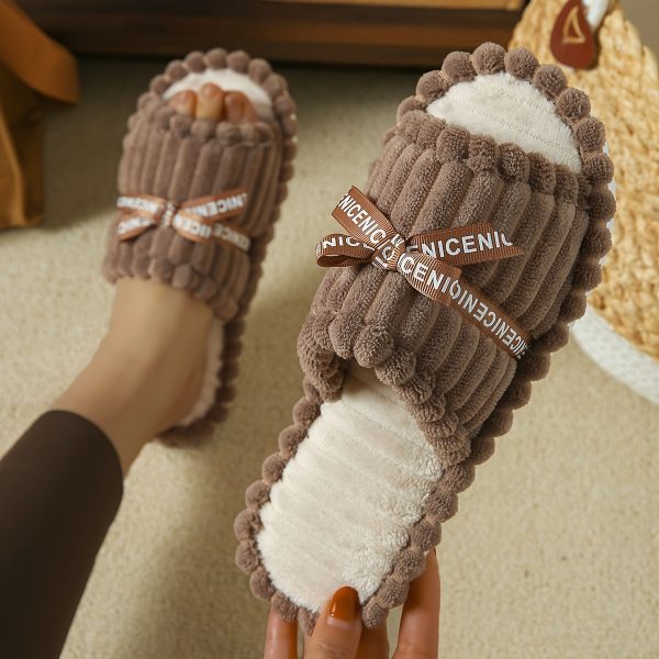 Women's All-Season Open-Toe Slip-On Slippers with Bow Detail - Soft Corduroy Fabric, Cushioned EVA Sole & Silent Non-Slip Indoor House Shoes for Home, Wedding Guest Comfort, Ladies Slippers, Scalloped Edge Design - Image 13
