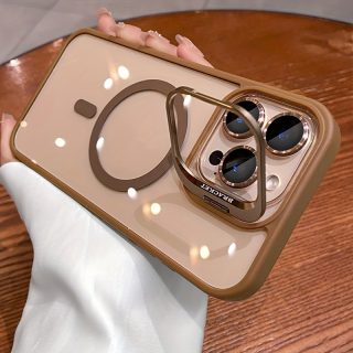 Luxury Transparent Magnetic Wireless Charging Metal Lens Bracket Case Compatible with for Iphone 16 15 14 13 12 11 Pro Max Plus with Lndependent Lens Protector Acrylic Backboard Shockproof Armor Clear Cover