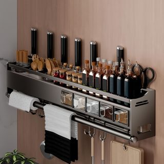 Wall-Mounted Knife Holder & Organizer Rack with Hooks - Space-Saving Kitchen Storage for Knives, Chopping Boards, Utensils & Spices, Durable Metal Construction, Elegant Powder-Coated Finish, Modern Organized Decor, Floating Shelves