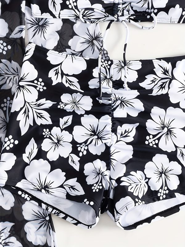 Floral Print Sexy Bikini Set with Cover-Up, Long Sleeve, High Stretch Nylon and Polyester Swimwear for Women - Machine Washable - Image 9