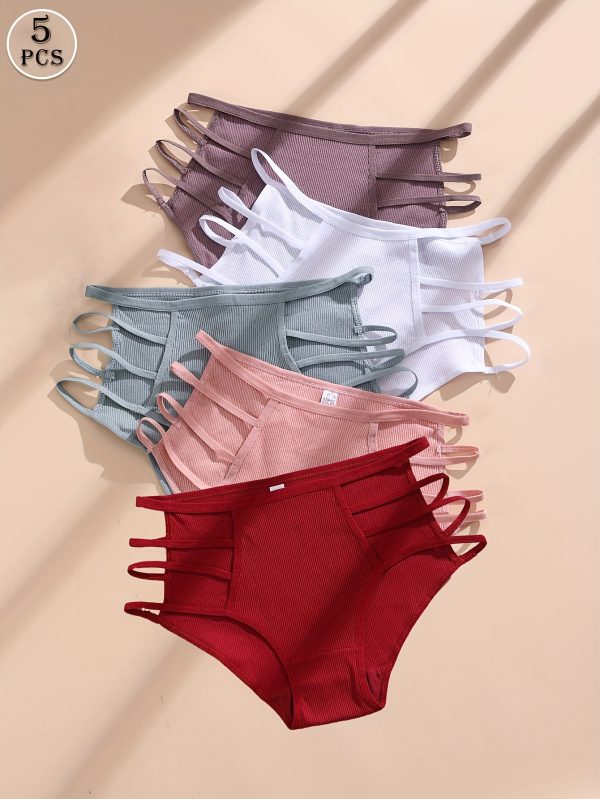 5pcs Women'S Briefs - Sexy Lace-Trimmed Underwear, Breathable & Comfortable with Ribbed Straps, Solid Colors (Red, White, Light Blue, Navy, Pink) - Elegant Design for Casual Attire, Everyday Underwear | Sexy Lace Trim | Comfortable Fit - Image 6