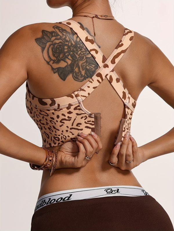 Women's Leopard Print Sports Bra - Backless Yoga Bra with Adjustable Straps, Removable Pads & Medium Support, Non-See-Through Fabric for Workouts & Casual Wear, Strapless Push Up Bra, Workout Support, Fashionable Sportswear, Medium Elasticity