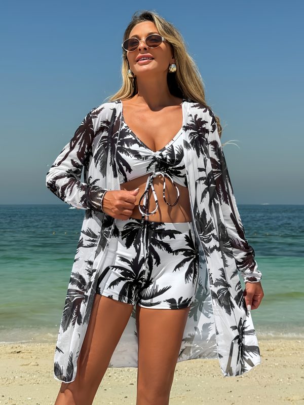 25SS Trendy Floral Print Swimsuit Set for Women - Sexy V-Neck Bikini with Long Sleeve Cover-Up and Shorts, Lightweight Stretch Fabric, Perfect for Beach and Pool, Beach Swimsuit|Tropical Style|Stretchy Material