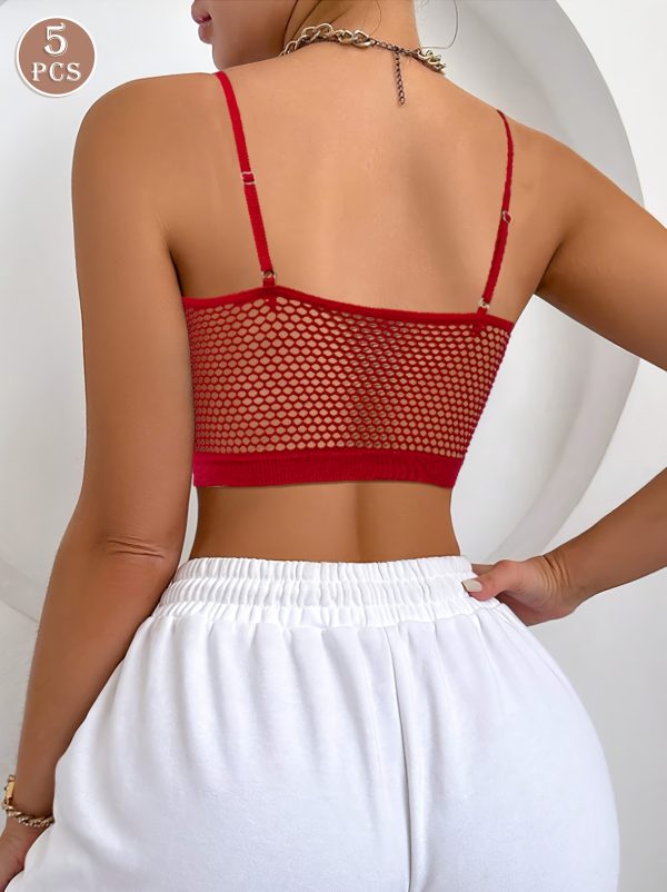 5pcs Women'S Multicolor Hollow Breathable Yoga Fitness Wireless Bras & Sexy Adjustable Strap Fishnet Sports Bra with Medium Support and Square Neckline - No Padding, Elastane Fabric, Solid Color for Running & Workout - Image 8